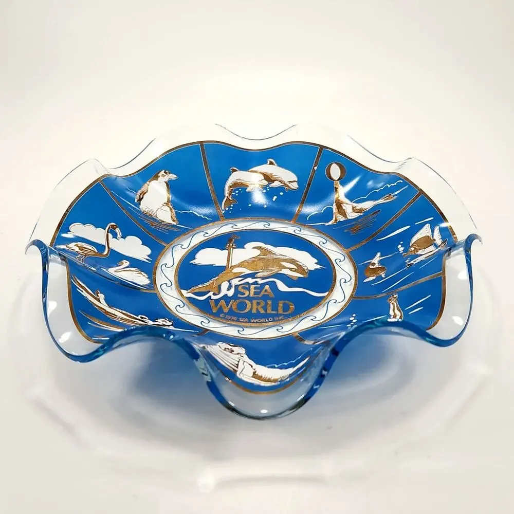 Vintage MCM Sea World Souvenir Blue Glass Decorative Bowl / Dish | 1976 Shamu